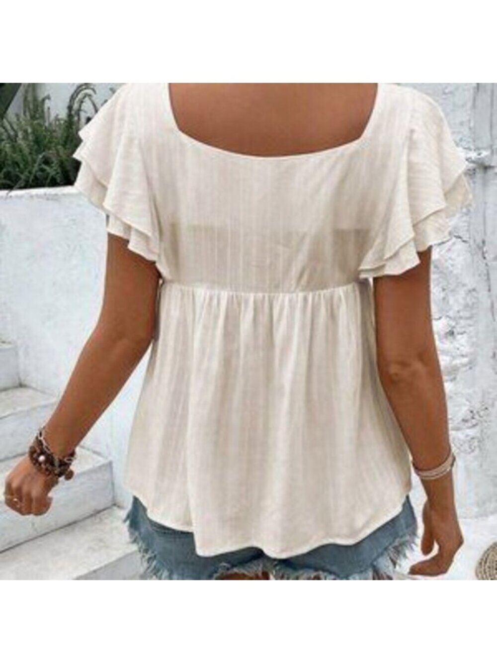 Apricot Boho Women's Square Neck Embroidered Short Sleeve Shirt Peplum Top - Picture 2 of 5